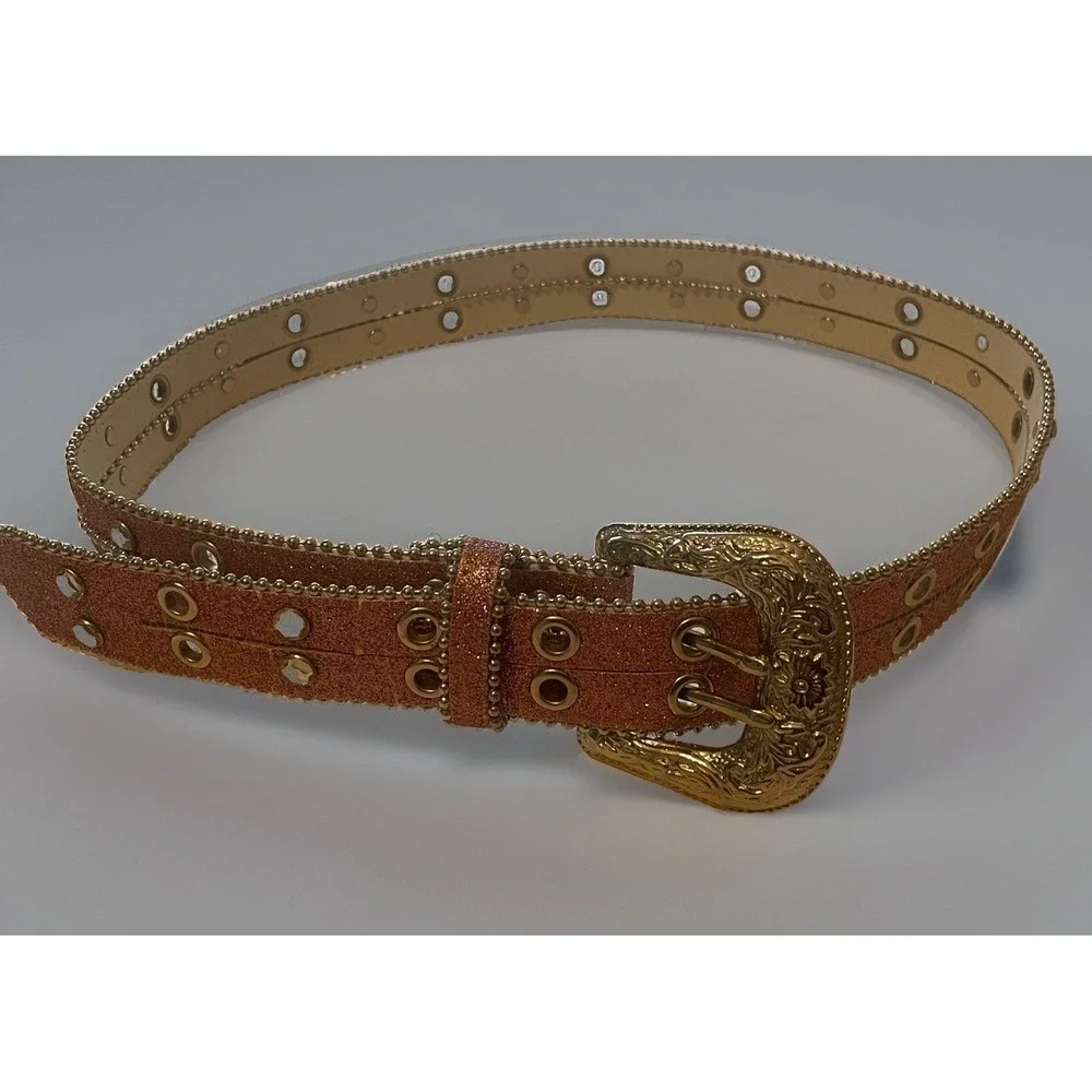 Women's Pink Glitter Western Belt Silver Engraved Buckle Rhinestone Studded 41